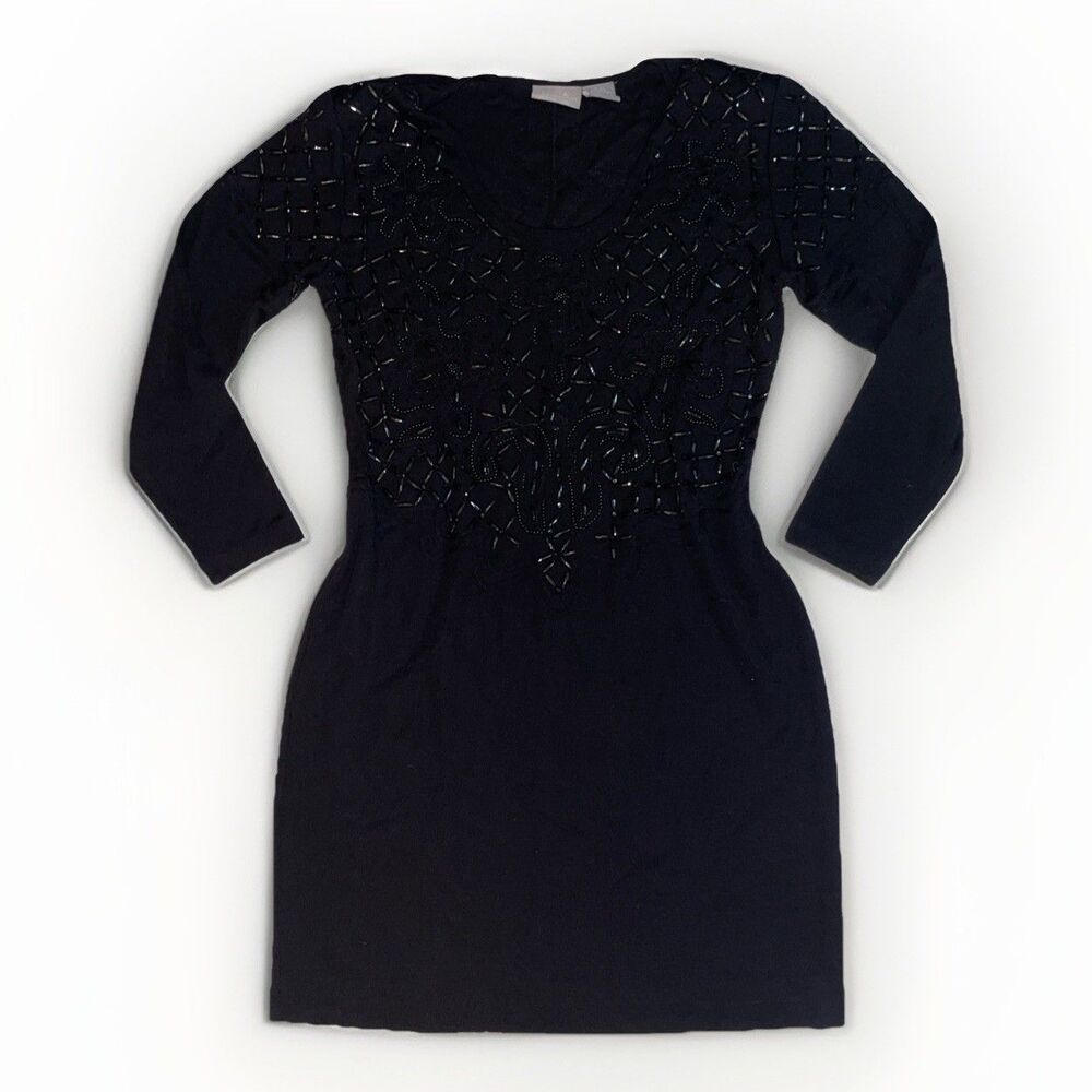 Vtg Liz Claiborne L Black LSlv WOOL Blend Heavy Beaded Women Party Formal Dress